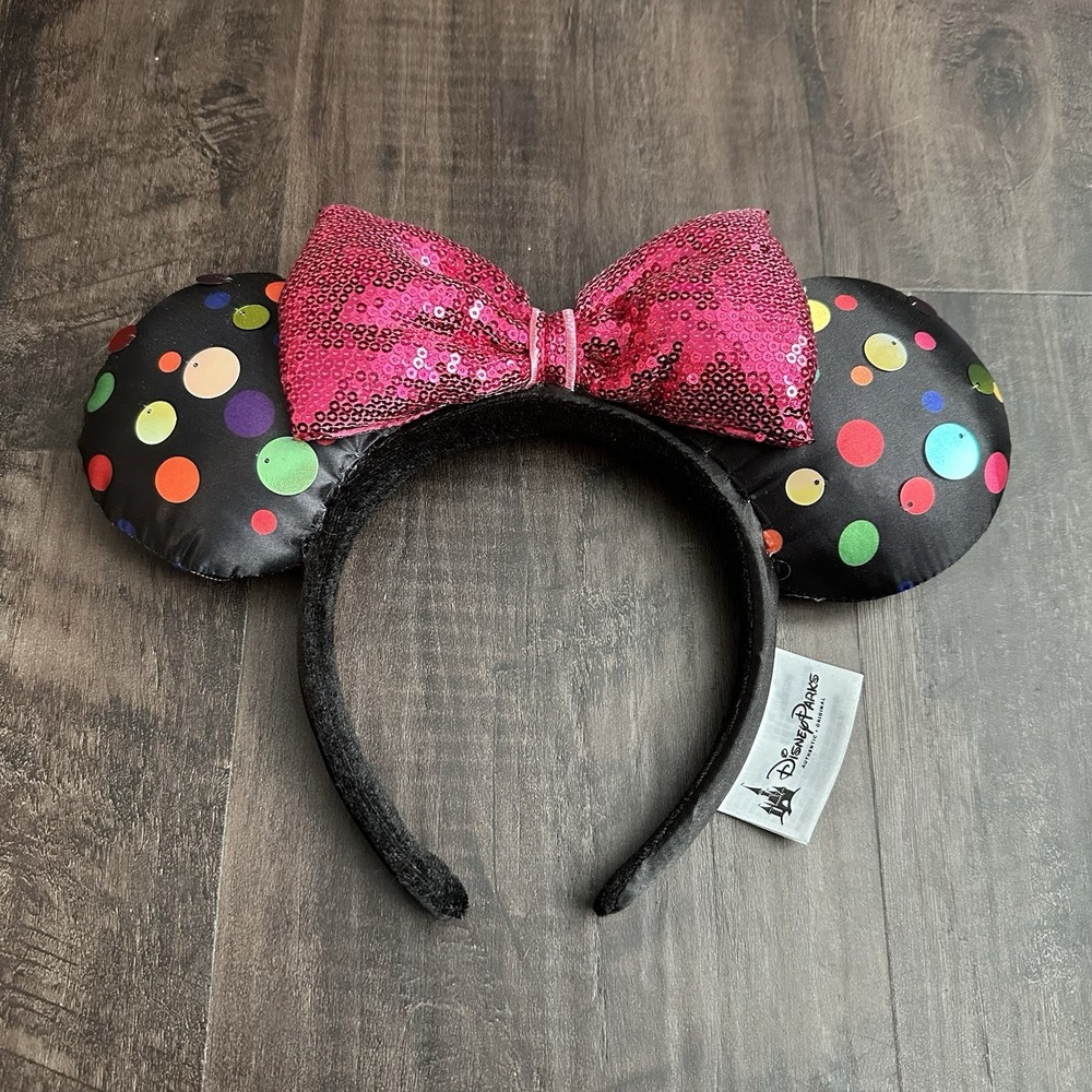 Disney Parks Rock The Dots Polka Dots W/ Pink‎ Sequined Bow Ears Headband